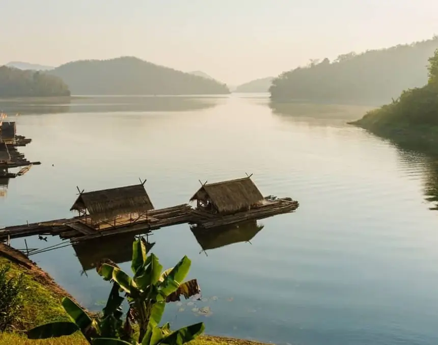 Raft houses on a lake